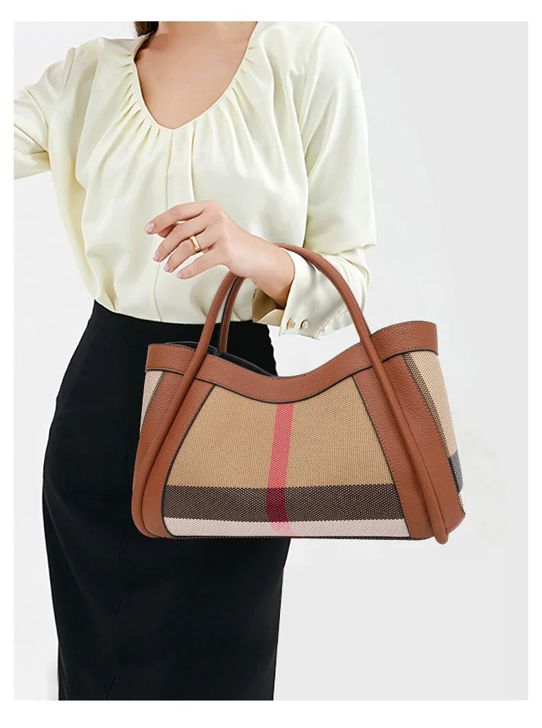 Aidrani  2024 New retro checkered women's handbag, large capacity luxury bag, canvas genuine leather bag