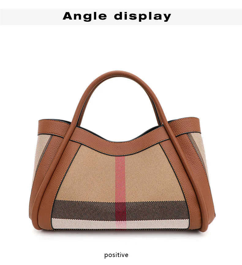 Aidrani  2024 New retro checkered women's handbag, large capacity luxury bag, canvas genuine leather bag