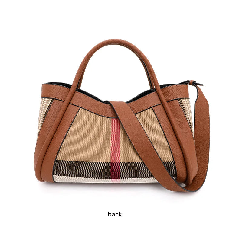 Aidrani  2024 New retro checkered women's handbag, large capacity luxury bag, canvas genuine leather bag