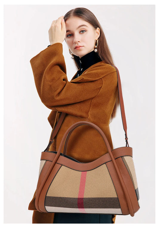 Aidrani  2024 New retro checkered women's handbag, large capacity luxury bag, canvas genuine leather bag