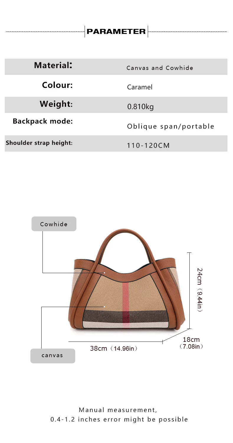 Aidrani  2024 New retro checkered women's handbag, large capacity luxury bag, canvas genuine leather bag