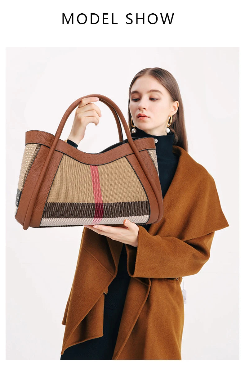 Aidrani  2024 New retro checkered women's handbag, large capacity luxury bag, canvas genuine leather bag
