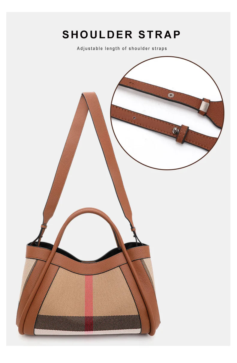 Aidrani  2024 New retro checkered women's handbag, large capacity luxury bag, canvas genuine leather bag