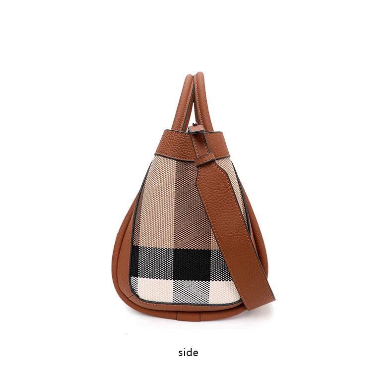 Aidrani  2024 New retro checkered women's handbag, large capacity luxury bag, canvas genuine leather bag